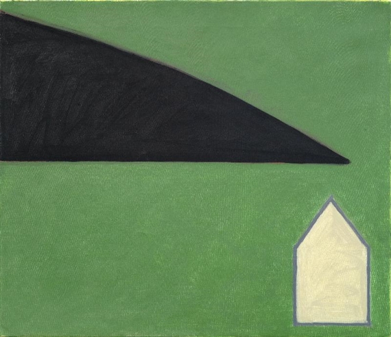 House with black hill by Peter Kinley, 1980