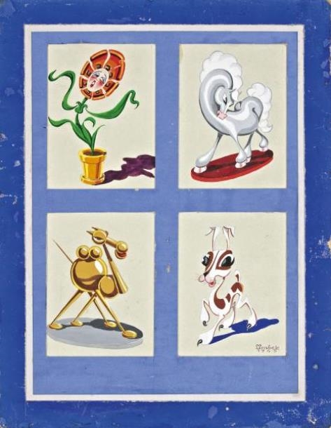 Artwork by Limbek Gyula, Cartoon world, Made of pencil, tempera on paper