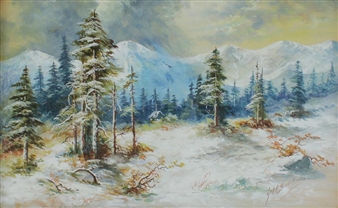 Western Winter Landscape with Pines and Snowcapped Mountains in Distance - George O. Beardsley