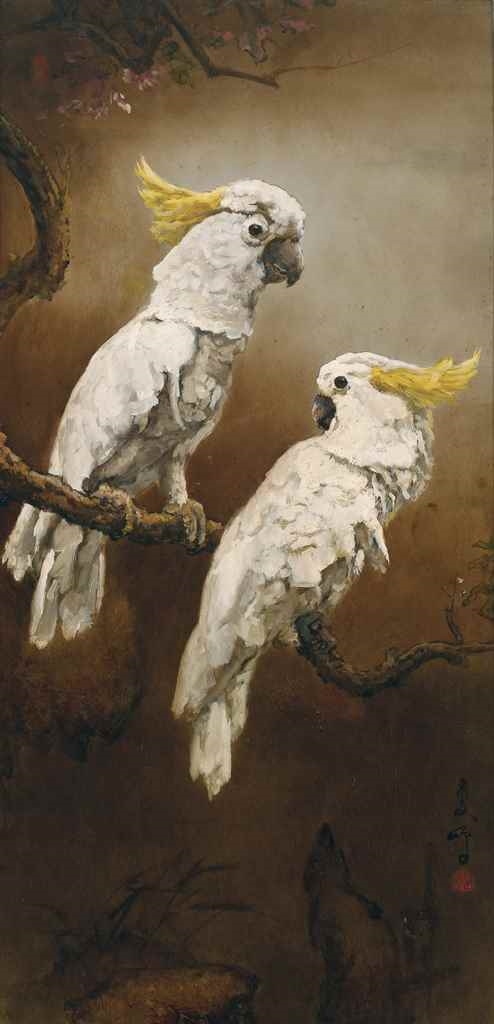 Artwork by Lee Man Fong, Cockatoos, Made of oil on masonite board