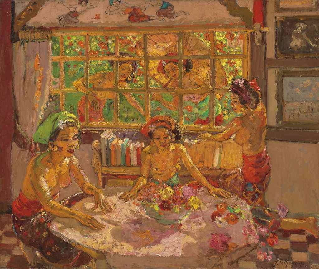 Artwork by Adrien Jean Le Mayeur de Merprés, Women in a Balinese Interior with Women by the Window, Made of oil on canvas