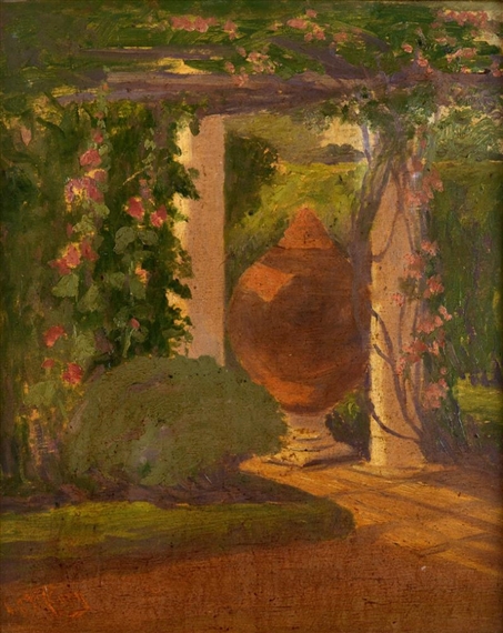 Garden Scene with a Trellis and a Large Urn by Louis Comfort Tiffany