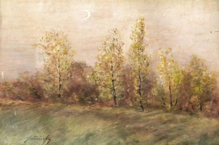 Artwork by Gyula Istvánffy, Trees in the moonlight, Made of gouache, pastel on paper