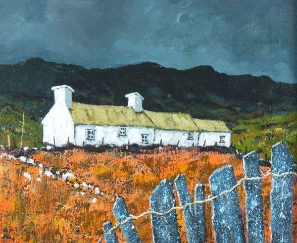 Artwork by Gwyn Owen, Welsh long cottage and slate fence, Made of acrylic on board