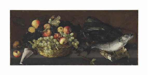 Apples and grapes in a basket with fish on a stone ledge by Luca Forte