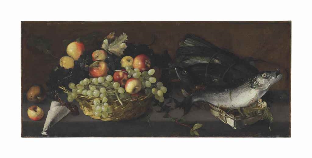 Artwork by Luca Forte, Apples and grapes in a basket with fish on a stone ledge, Made of oil on canvas