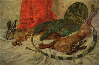 Hunting Still Life with Dead Hare, horn and red coat - Monogrammist F. R.