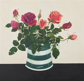 A still life painting of pink roses in a striped pitcher.