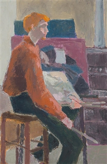 A side profile portrait of a seated figure holding a palette and brush, rendered in loose, expressive strokes.