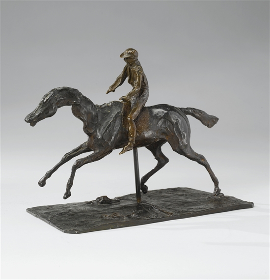 CHEVAL AU GALOP SUR LE PIED DROIT, LE PIED GAUCHE ARRIÈRE SEUL TOUCHANT TERRE ; JOCKEY MONTÉ SUR LE CHEVAL by Edgar Degas, 1865-1881
