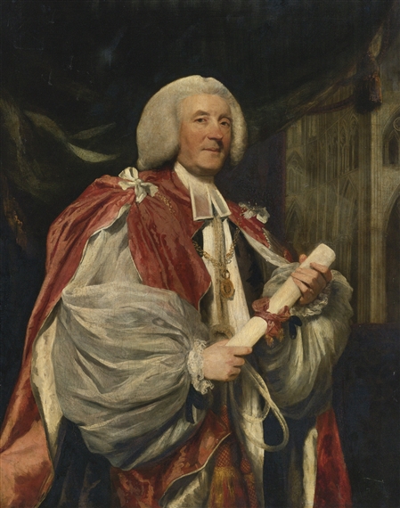 PORTRAIT OF DR. JOHN THOMAS, BISHOP OF ROCHESTER, WEARING THE ROBES OF THE DEAN OF THE MOST HONOURABLE ORDER OF THE BATH, WESTMINSTER ABBEY BEYOND by Sir Joshua Reynolds