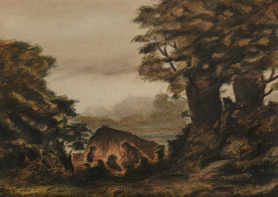 "A moody landscape sketch featuring a large rock in the center, flanked by dark trees and distant hills under an overcast sky."