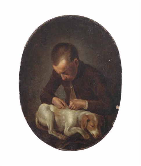 A boy de-fleaing a dog - G. Denis