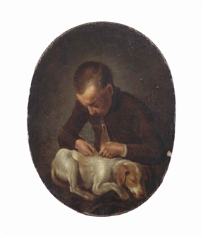 A boy de-fleaing a dog - G. Denis