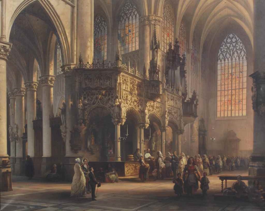 Vue intérieure de l'eglise de Saint-Gommaire à Lierre avec la distribution du pain: the church of St. Gommar, Lierre by Jules Victor Genisson, 1851