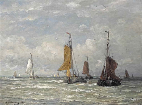 Zeilende bomschuiten; the return of the fleet, Scheveningen by Hendrik Willem Mesdag, dated 1896, Painted 1892