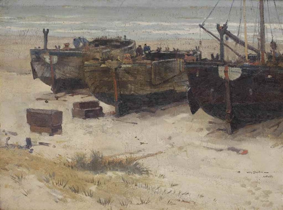 Bomschuiten on the beach, Katwijk by Willy Sluiter, circa 1900