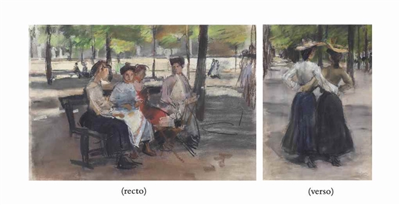 Two girls strolling through Bois de Boulogne, Paris (verso); and Girls sitting on a bench in the park (recto)