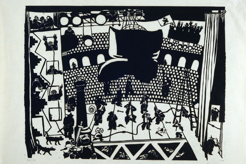 Artwork by Ora Inge Maxim, theater, Made of woodcut