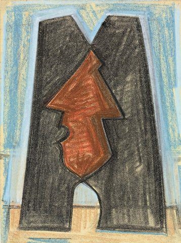 ZWEI SCHWARZE KÖPFE GEGENEINANDER, EIN BRAUNES MITTELFELD BILDEND by Hermann Glöckner, 1952