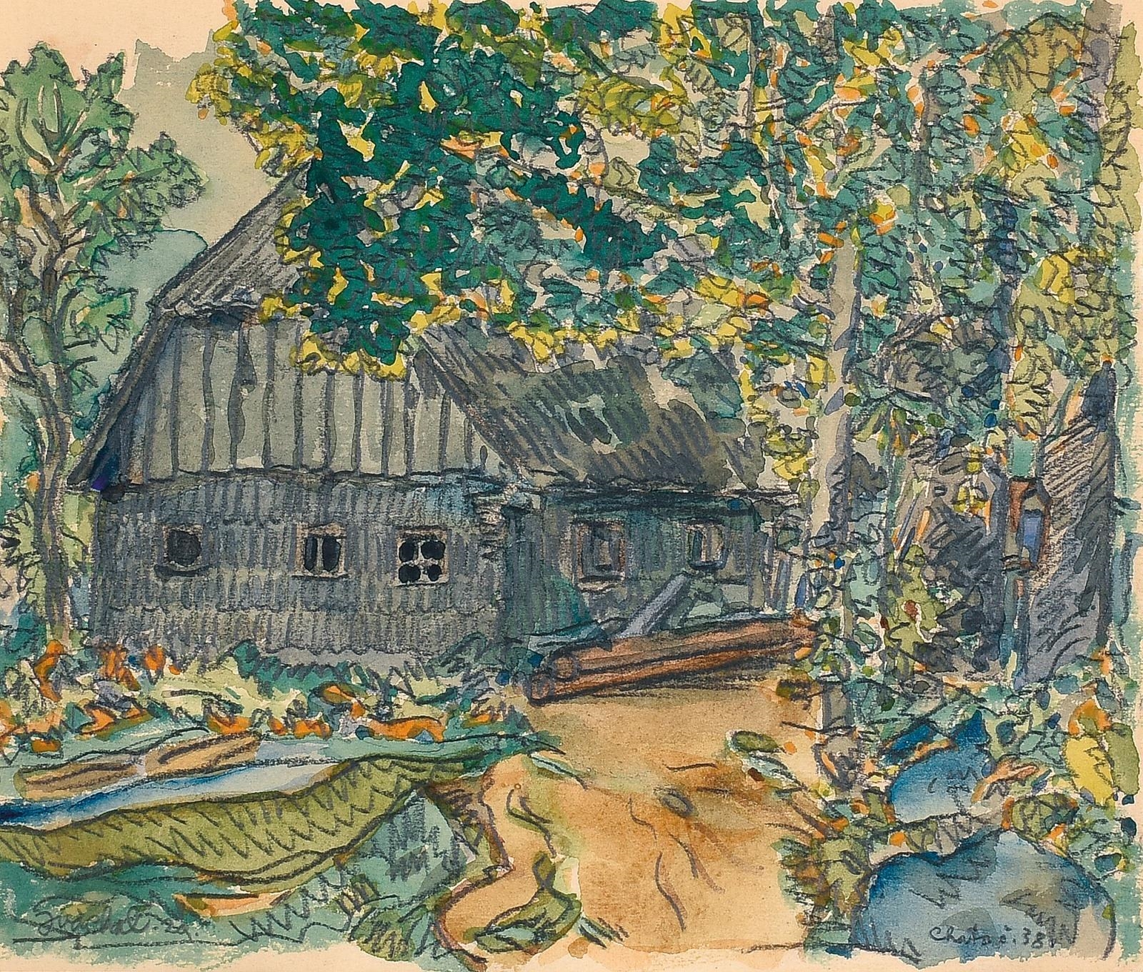 Artwork by Josef Váchal, Chata u Prášil, Made of watercolor and pencil on paper