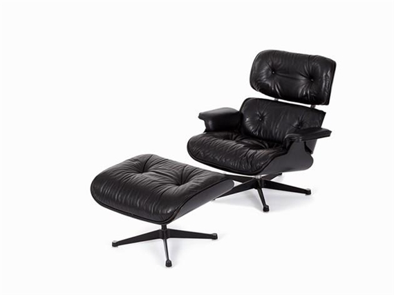 A sleek black leather lounge chair with ottoman, featuring a star base and tufted upholstery.