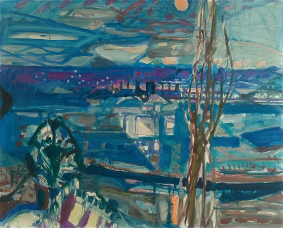 Nocturnal landscape with the Schlieren gasworks by Max Gubler, Circa 1955