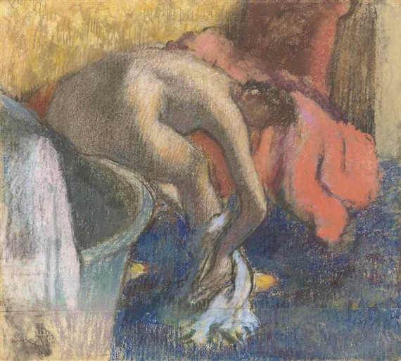 Après le bain, femme s’essuyant la jambe (le peignoir rouge)