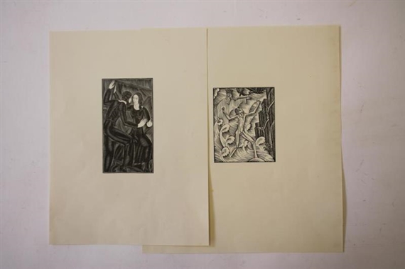 The Artist and the Mirror, frontispiece for "Sculpture and the Living Model 1932"; together with another similar "I am sat naked on your Kingdom" by Eric Gill