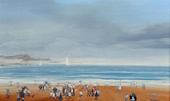 Beach Scene with Figures and Sailboats