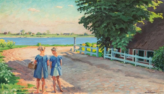 Two figures in blue dresses stand on a sunlit path near a thatched cottage by the water.