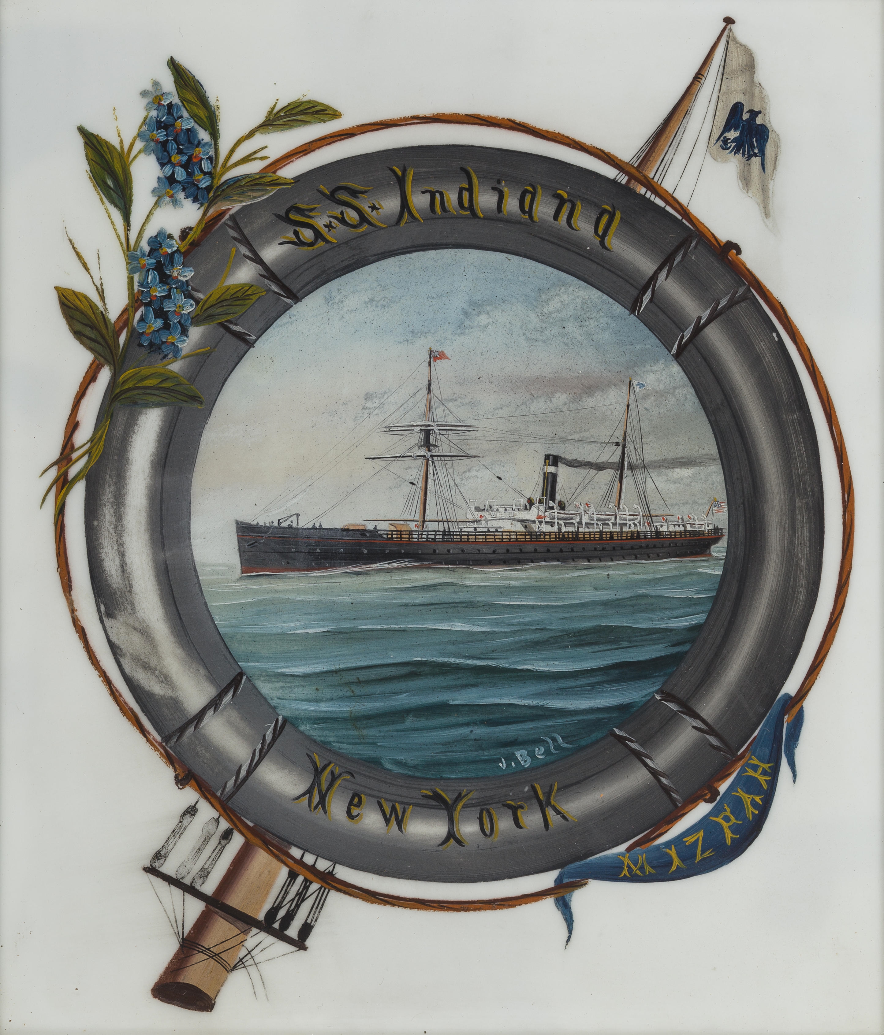 Artwork by J. Bell, Three steamship paintings; The S.S. Indiana, S.S. Rhynland and the S.S. Nasmyth, Made of oil on milkglass