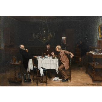 A dimly lit interior scene captures a group of men gathered around a tea table, engaged in quiet conversation.