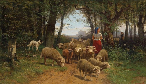 Gustav Ranzoni | Herd of Sheep with Young Shepherdess (1893) | MutualArt