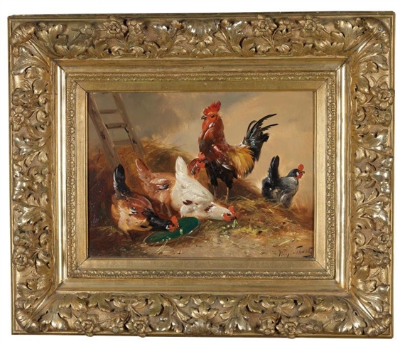 2 Works: Cockerel and Hens in the Stable by Henry Schouten