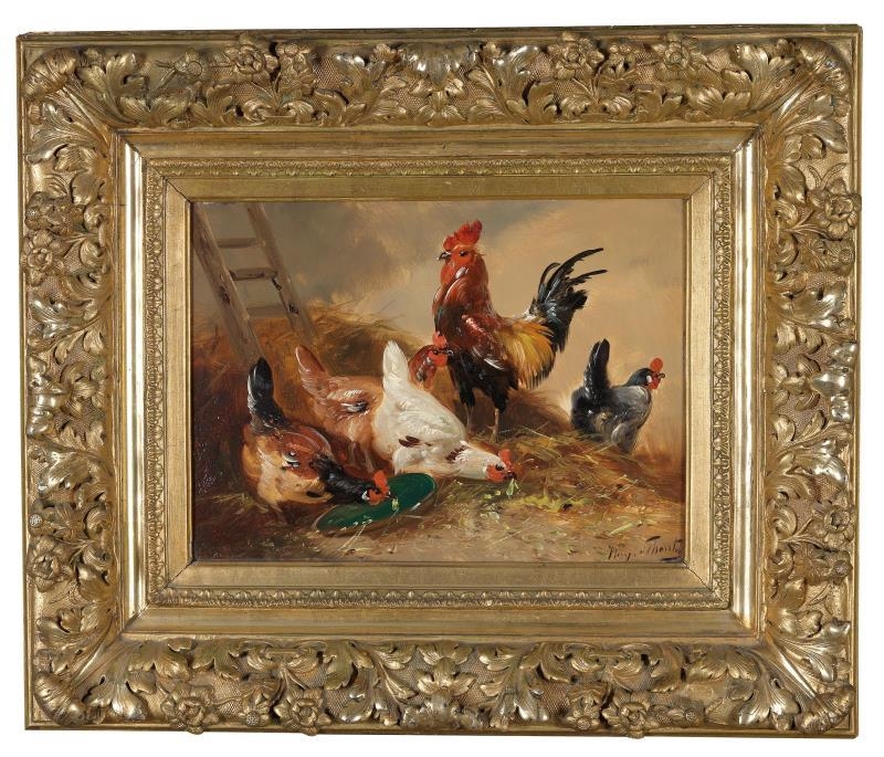 Artwork by Henry Schouten, 2 Works: Cockerel and Hens in the Stable, Made of Oil on panel