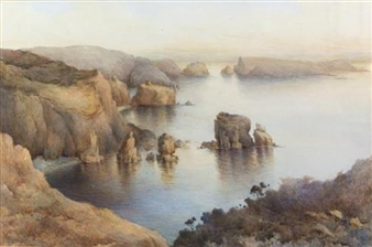 Les Autelets and Brecqhou from the Sark Cliffs at Sunset - Ethel S. Cheeswright