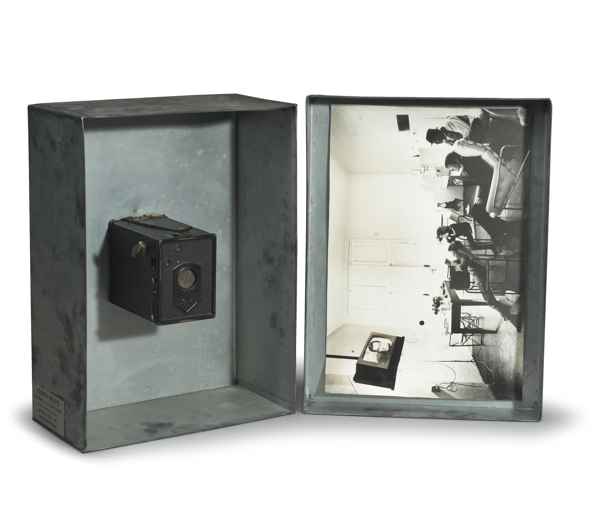 Artwork by Joseph Beuys, ENTERPRISE, 18.11.72, 18:5:16 UHR, Made of zinc box, black and white photograph, camera and felt