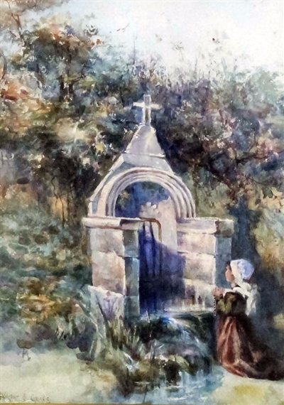 girl praying by a shrine by Milicent S. Grose