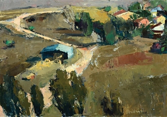 A textured landscape painting depicting a winding road through a rural village with bold, impressionistic brushwork.