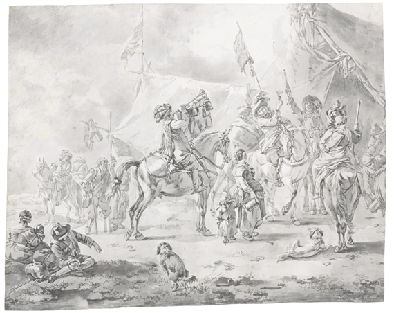 A MILITARY ENCAMPMENT WITH A MAN PLAYING A BUGLE ON HORSEBACK by Hendrick Verschuring
