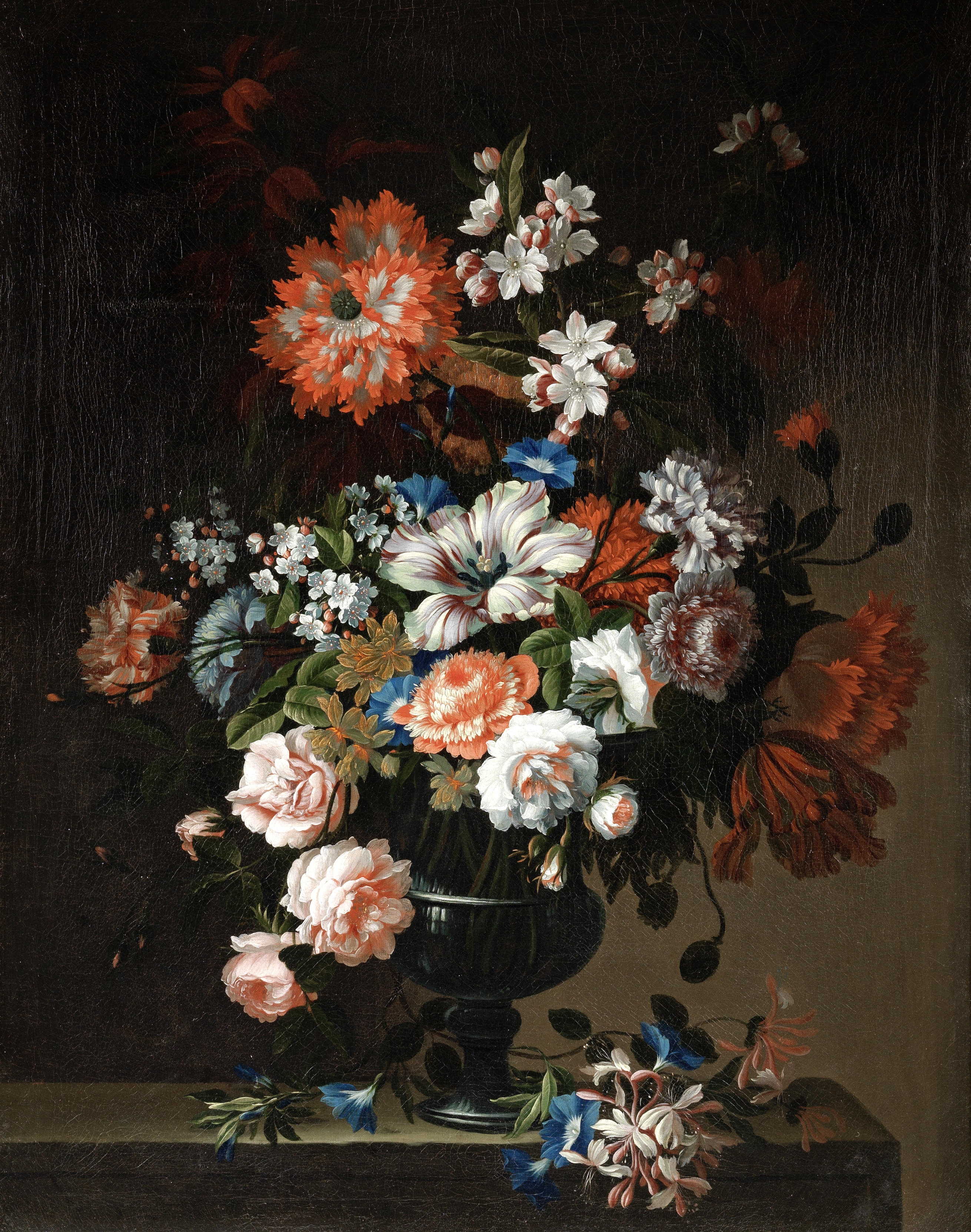 Artwork by Pieter Hardimé, 2 works; Roses, tulips, carnations and other flowers in a glass vase, with honeysuckle and morning glory on a stone ledge; Tulips, carnations, chrysanthemums and other flowers in a glass vase with roses on a stone ledge, Made of oil on canvas