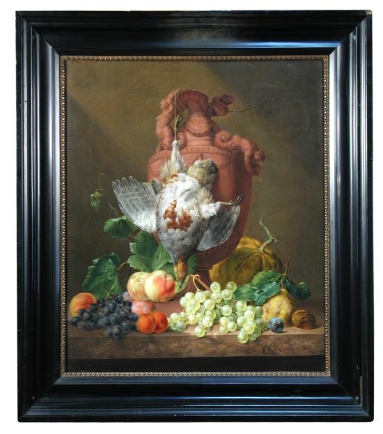 Artwork by Anthony Oberman, Still life of an English partridge hanging from a terracotta urn, with a melon, black and white grapes, peaches, apples, a pear, a plum and a walnut, Made of oil on canvas