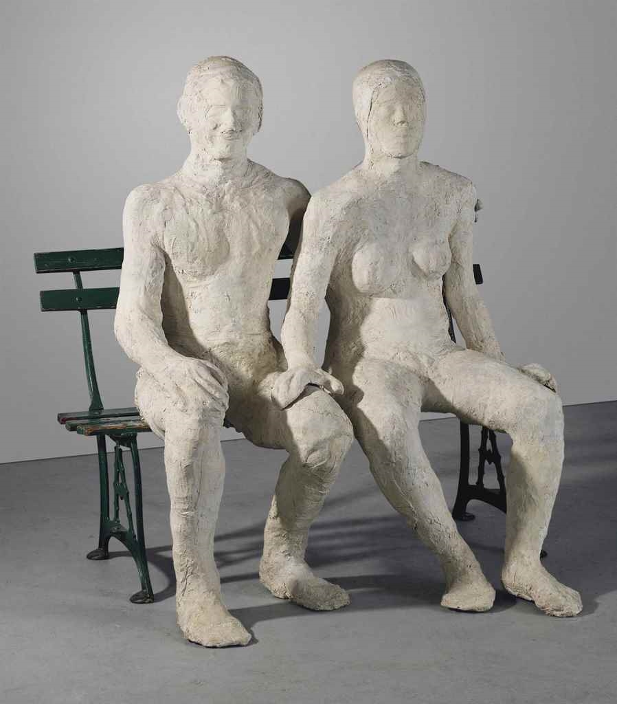 Artwork by George Segal, Lovers on a Bench, Made of plaster, wood and metal