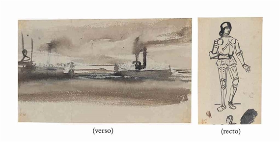 A Soldier (recto), A boat emerging from a harbour (verso)