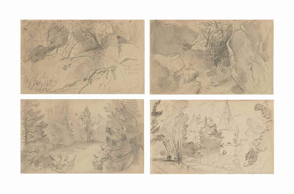 Artwork by Eugène Delacroix, Eight sketches: two rocky landscapes, two studies of trees, a road with trees, two views of château d'Orrouy and a landscape, Made of pencil