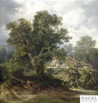 Summery landscape with a mill and a peasant family on the tramp - Johannes Cornelis Jacobus Mali