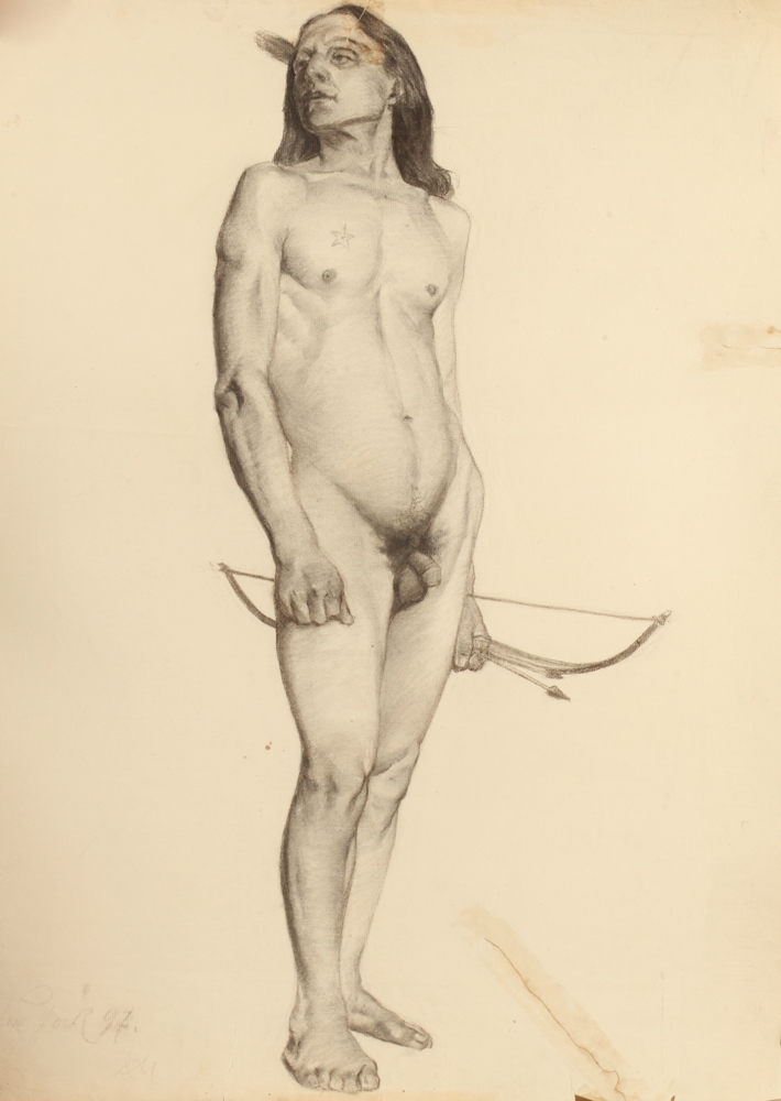Artwork by Rudolf Müller, NATIVE AMERICAN MALE NUDE, Made of Charcoal.