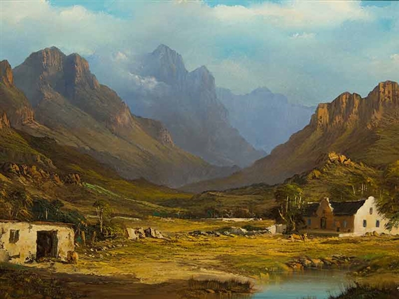 Mountain Landscape with Cape Dutch Farmhouse by Danie Van Niekerk