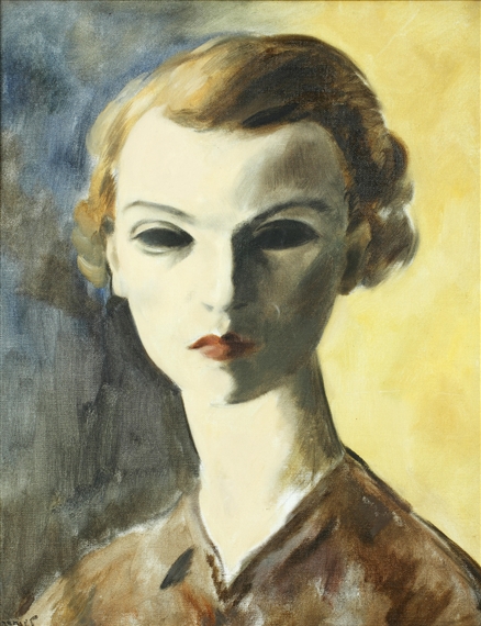 Portrait of 'Peggy' bust length wearing red lipstick by Jacob Kramer